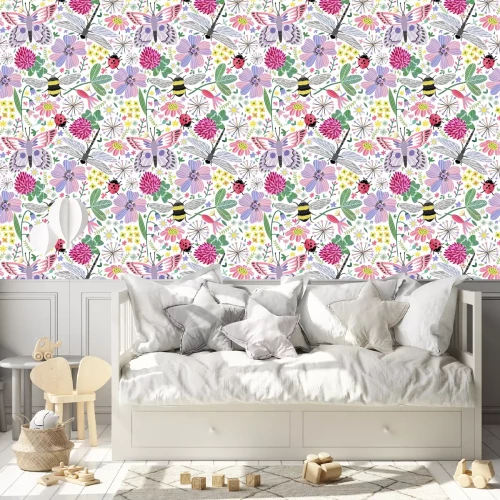 Behang Insecten tussen kleurrijke bloemen