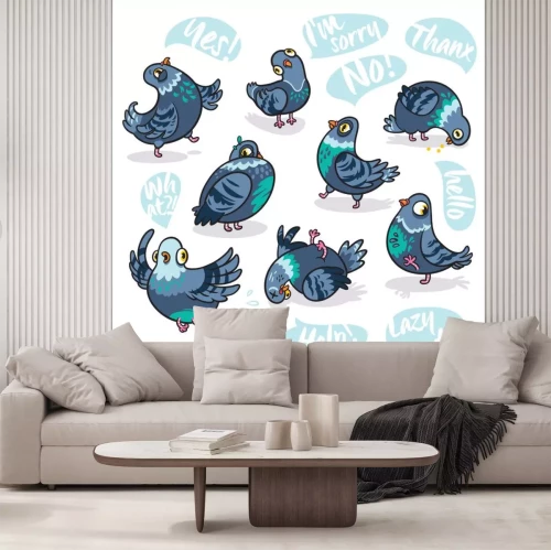 Sticker Set cartoon duiven. Ontwerp voor stickers, pins en patches.