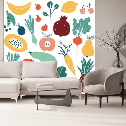 Sticker Set met hand getrokken kleurrijke doodle groenten en fruit. Schets stijl grote vector collectie. Vlakke geplaatste pictogrammen: bessen, komkommer, wortel, ui, tomaat, appel, ananas, citroen.