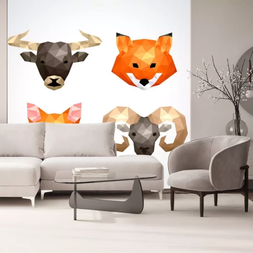 Sticker Laag poly dieren bull fox kat ram vector set