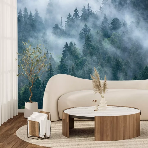 Fotobehang Nevelig landschap met sparbos in hipster uitstekende retro stijl