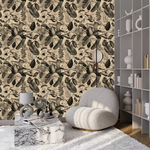 Behang Naadloze vintage, ambachtelijke patroon met tropische bloemen, magnolia, oranje bloem, vanille orchidee, tropische bladeren, bananenbladeren