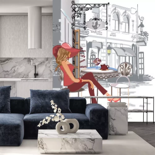 Sticker Reeks straatkoffie met mensen, mannen en vrouwen, in de oude stad, vectorillustratie. Obers dienen de tafels.