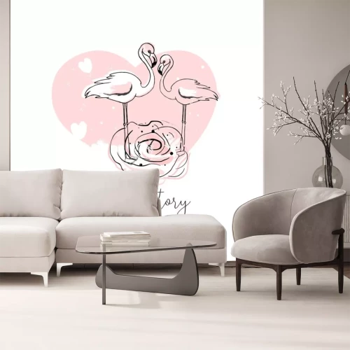 Sticker Het tropische hand getrokken ontwerp van de flamingoillustratie in pastelkleurroze met de trendy elementen van de hipsterdecoratie. Moderne print voor bruiloft, uitnodigingen, wenskaart, header, Valen