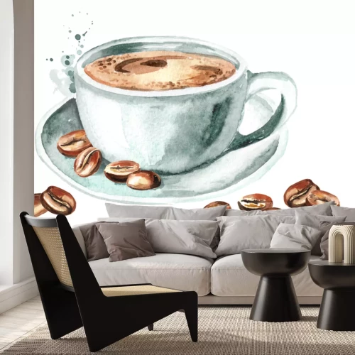 Sticker Koffiebonen die naast de kop liggen