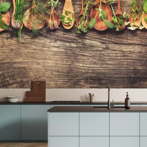Fotobehang Groene kruiden op houten lepels