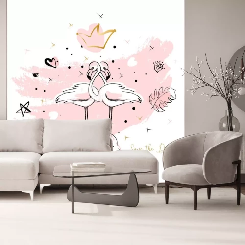 Sticker Het tropische hand getrokken ontwerp van de flamingoillustratie in pastelkleurroze met de trendy elementen van de hipsterdecoratie. Moderne print voor bruiloft, uitnodigingen, wenskaart, header, Valen