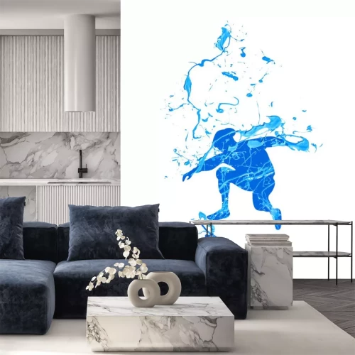 Sticker Skateboarder. Blauwe verfspatten