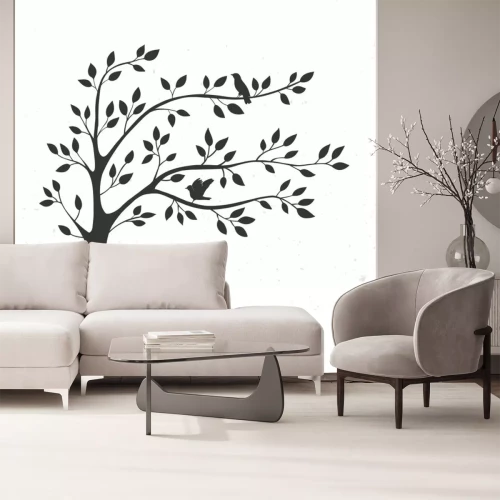 Sticker Zwart-witte boom met zittende vogels