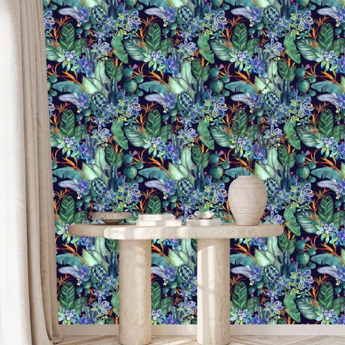 Behang Tropisch naadloos patroon met succulents, tropische bladeren. Botanische achtergrond