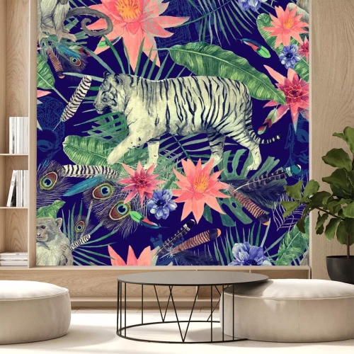 Sticker Tijger en aapjes op de achtergrond met exotische planten