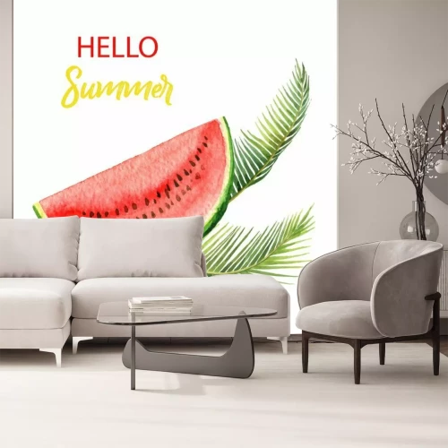 Sticker Tropische bladeren van de waterverf de vectorkaart en plak van watermeloen die op witte achtergrond wordt geïsoleerd.