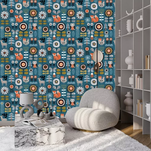 Behang Scandinavische uilen vossen rendieren en bloemen