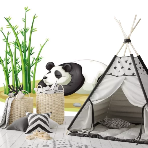 Sticker Panda slaapt naast groene bamboescheuten