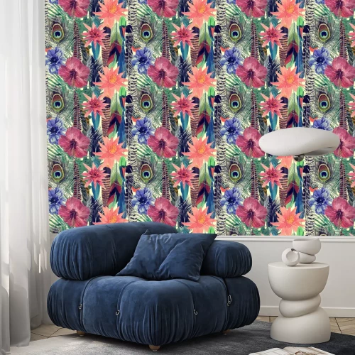 Behang Collage met een pauwenveer