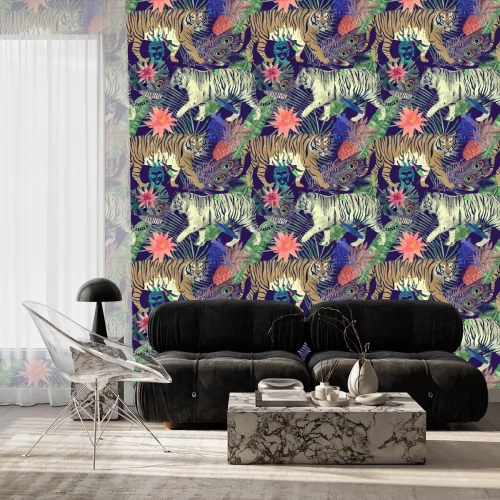 Behang Naadloos waterverfpatroon met tijgers, bladeren, veren ,.