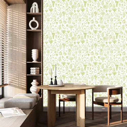 Behang Groenten en fruit geschetst in het groen