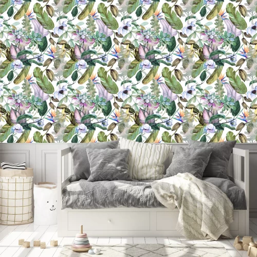 Behang Naadloos waterverfpatroon met tropische bloemen, magnolia, succulentsr, vanilleorchidee, tropische bladeren, banaanbladeren