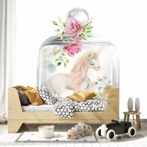 Sticker Eenhoorn en bloemen onder een glazen afdekplaat