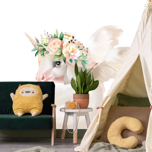 Sticker Een gevleugelde eenhoorn met een krans op zijn kop