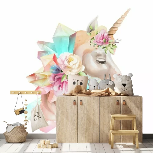 Sticker Eenhoornbloemen en kristallen aquarelkunstwerk