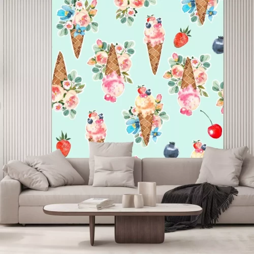 Sticker Aquarel icecream kegels en bloeiende rozen, eucaliptus, bloemboeket naadloze patroon