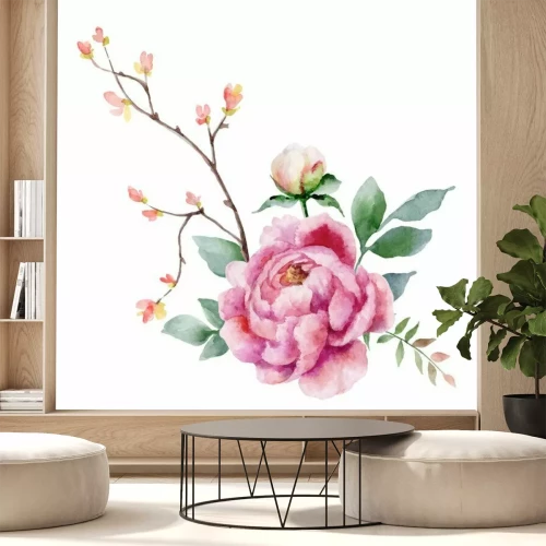 Fotobehang Bloeiende pioenroos op een tak