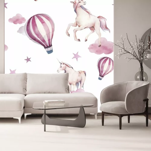 Sticker Aquarel Eenhoorn, wolken en hete lucht ballon naadloze patroon. Handgeschilderde sprookjesachtige textuur op witte achtergrond. Cartoon baby behang ontwerp
