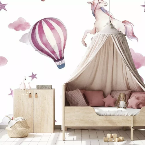 Sticker Aquarel Eenhoorn, wolken en hete lucht ballon naadloze patroon. Handgeschilderde sprookjesachtige textuur op witte achtergrond. Cartoon baby behang ontwerp