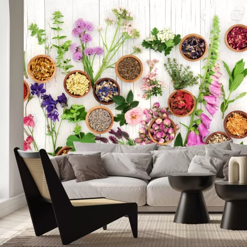 Fotobehang Kruiden en specerijen op een houten achtergrond