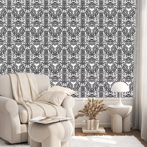 Behang Bloemen decoratief zwart-wit Grieks naadloos patroon.