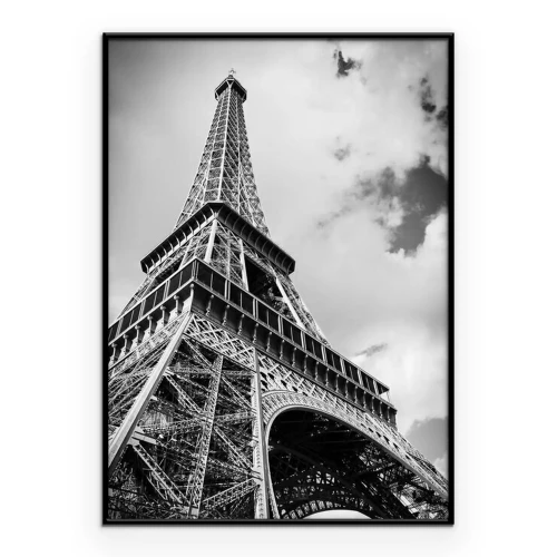 Poster De Eiffeltoren gezien van onderaf in zwart-wit tinten.