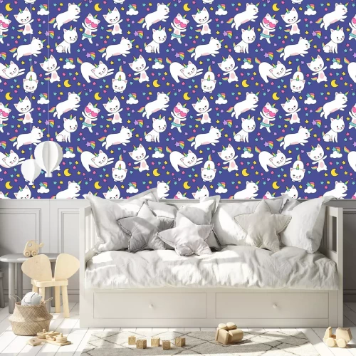 Behang Gekleurde katten verkleed als eenhoorns