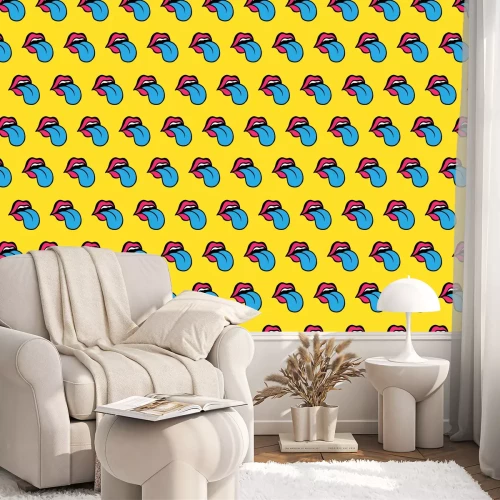 Behang De pop-artlippen in cartoonstijl op een gele achtergrond