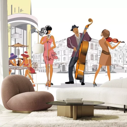 Sticker Muzikanten op het feest. Jazzband. Hand getrokken vectorillustratie.