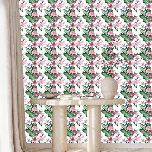 Behang Tropische naadloze bloemen zomer patroon achtergrond met tropische palmbladeren, roze flamingo vogel, exotische hibiscus. Perfect voor jungle-achtergronden, mode textielontwerp, stoffenprint.