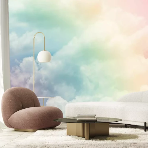 Fotobehang Pluizige wolken in regenboogkleuren