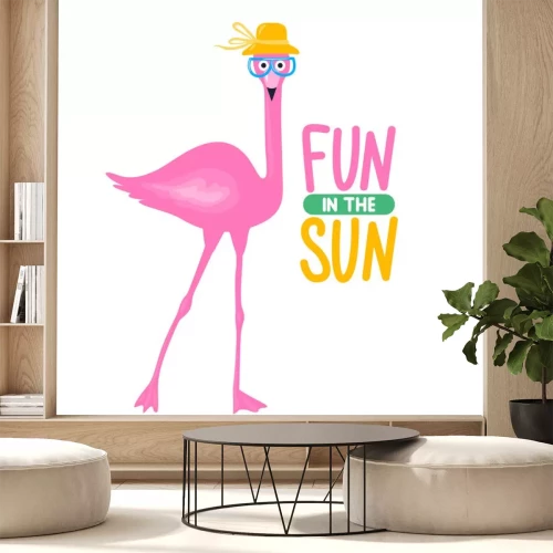 Sticker Vector de zomerkaart met grappige roze flamingo. Trendy illustratie