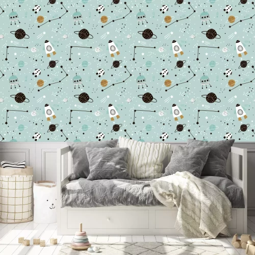 Behang Kinderachtig naadloos patroon met hand getrokken ruimte elementenruimte, raket, ster, planeet, ruimtesonde. Trendy kinderen vector achtergrond.