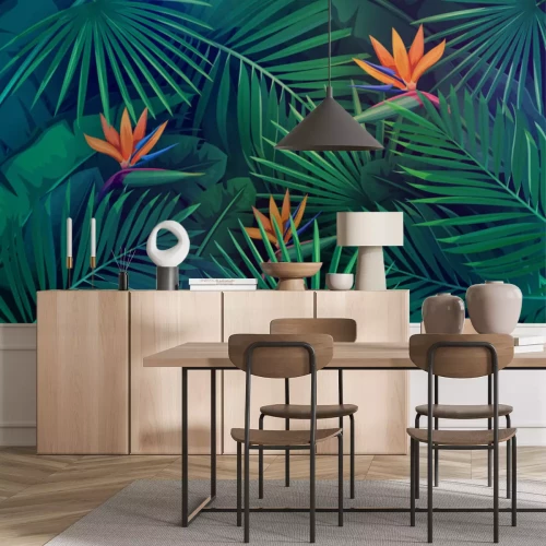 Fotobehang Tropische bladeren en oranje paradijsvogelbloemen