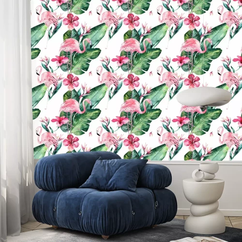 Behang Flamingo's bloemen en monstera bladeren op motief met witte achtergrond