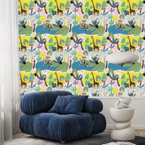 Behang Kleurrijk tropisch patroon met safaridieren