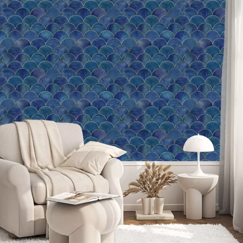 Behang Geometrisch blauw golfmotief