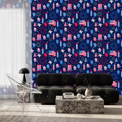 Behang USA vakantie naadloze witte patroon. Vector achtergrond afdrukken. Amerikaanse nationale symbolen, viering Independence Day
