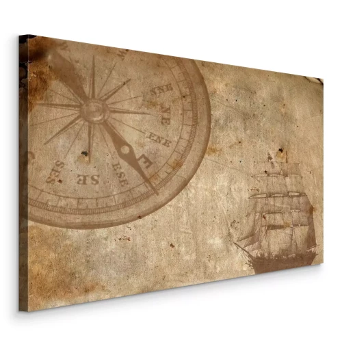 Canvas Oude achtergrond met een kompas en een zeilschip