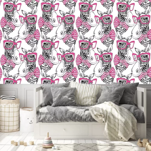 Behang Geschilderde zebra's met roze bril en strikjes