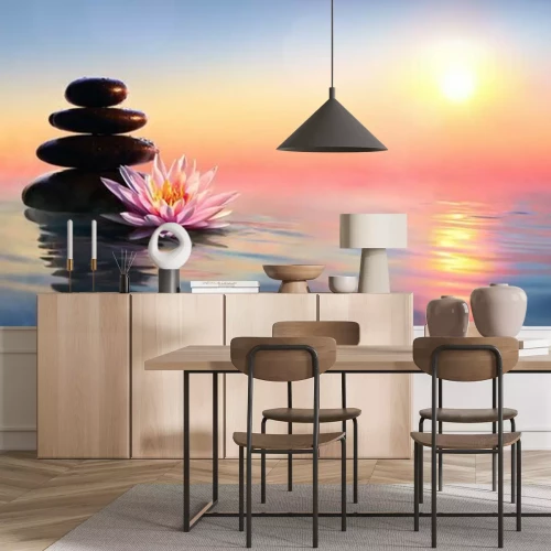 Fotobehang Zwarte stenen en bloemen in water