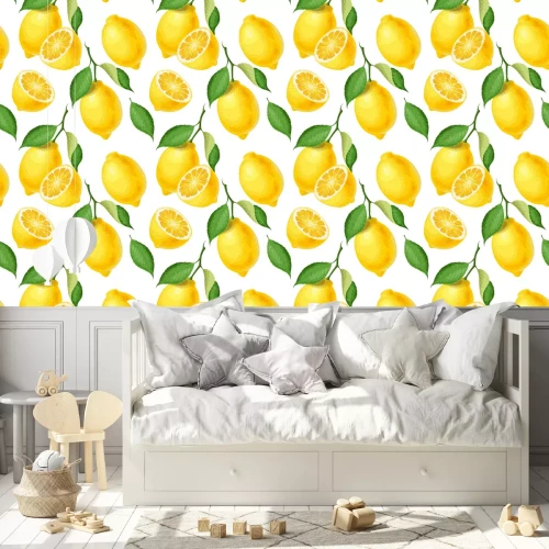 Behang Groene bladeren met citroenfruit