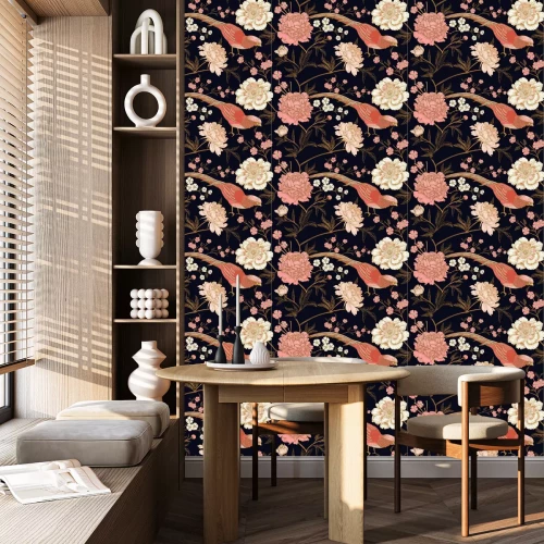 Behang Japanse oosterse stijl met vogels en bloemen