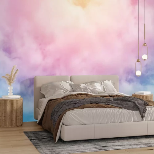 Fotobehang Roze en blauwe wolken met lichtstralen